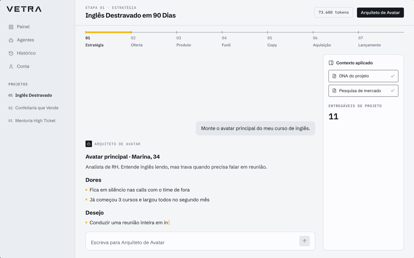 Tela do Vetra: o projeto dividido em etapas, com o agente entregando a peça pronta
